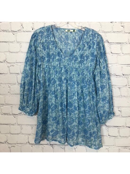 Dolma Tops - Dolma Blue Floral Alya Top Size S Pintuck 100% Cotton